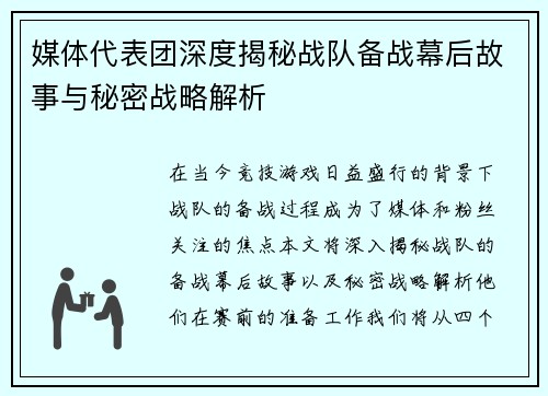 媒体代表团深度揭秘战队备战幕后故事与秘密战略解析