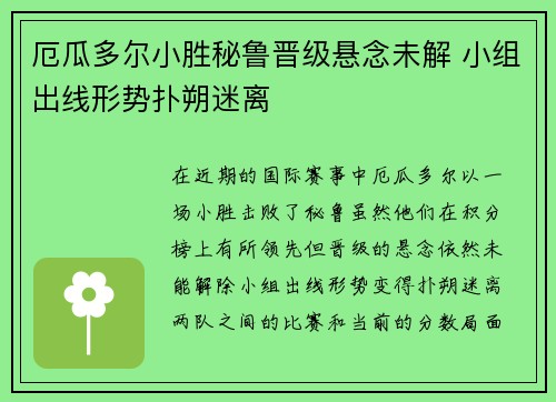 厄瓜多尔小胜秘鲁晋级悬念未解 小组出线形势扑朔迷离