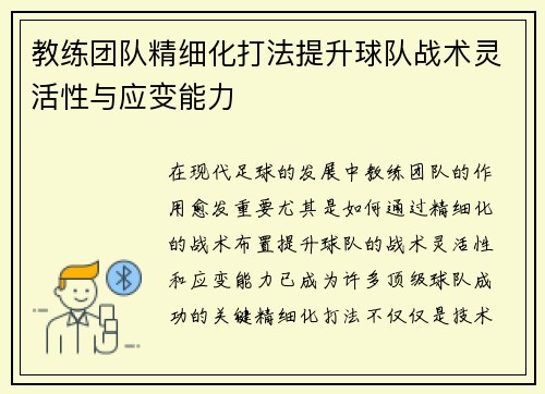 教练团队精细化打法提升球队战术灵活性与应变能力