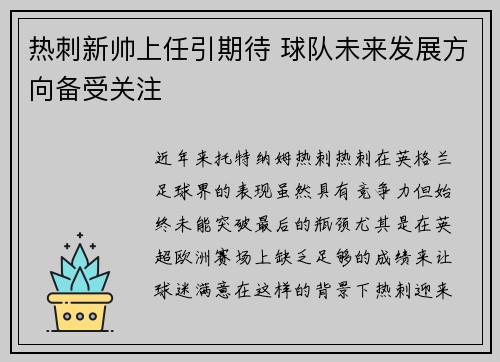 热刺新帅上任引期待 球队未来发展方向备受关注