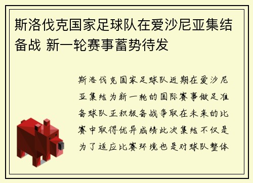 斯洛伐克国家足球队在爱沙尼亚集结备战 新一轮赛事蓄势待发