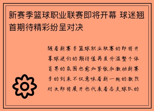 新赛季篮球职业联赛即将开幕 球迷翘首期待精彩纷呈对决