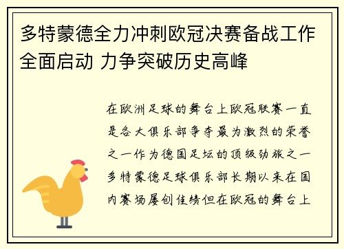 多特蒙德全力冲刺欧冠决赛备战工作全面启动 力争突破历史高峰