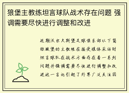 狼堡主教练坦言球队战术存在问题 强调需要尽快进行调整和改进