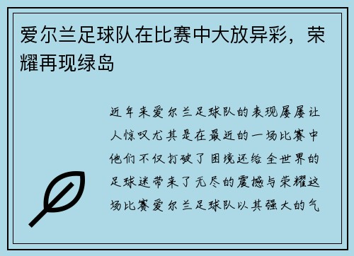 爱尔兰足球队在比赛中大放异彩，荣耀再现绿岛